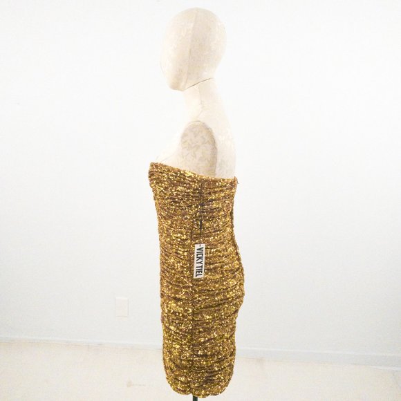 Vintage 90s SM Ruched Sequin Mini Party Dress Gold - Picture 8 of 16